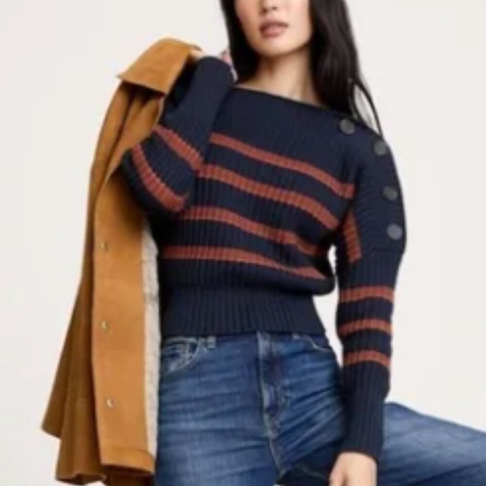 Banana Republic Boatneck Button Shoulder Striped Sweater Navy & Brown Sz Med - Picture 3 of 11
